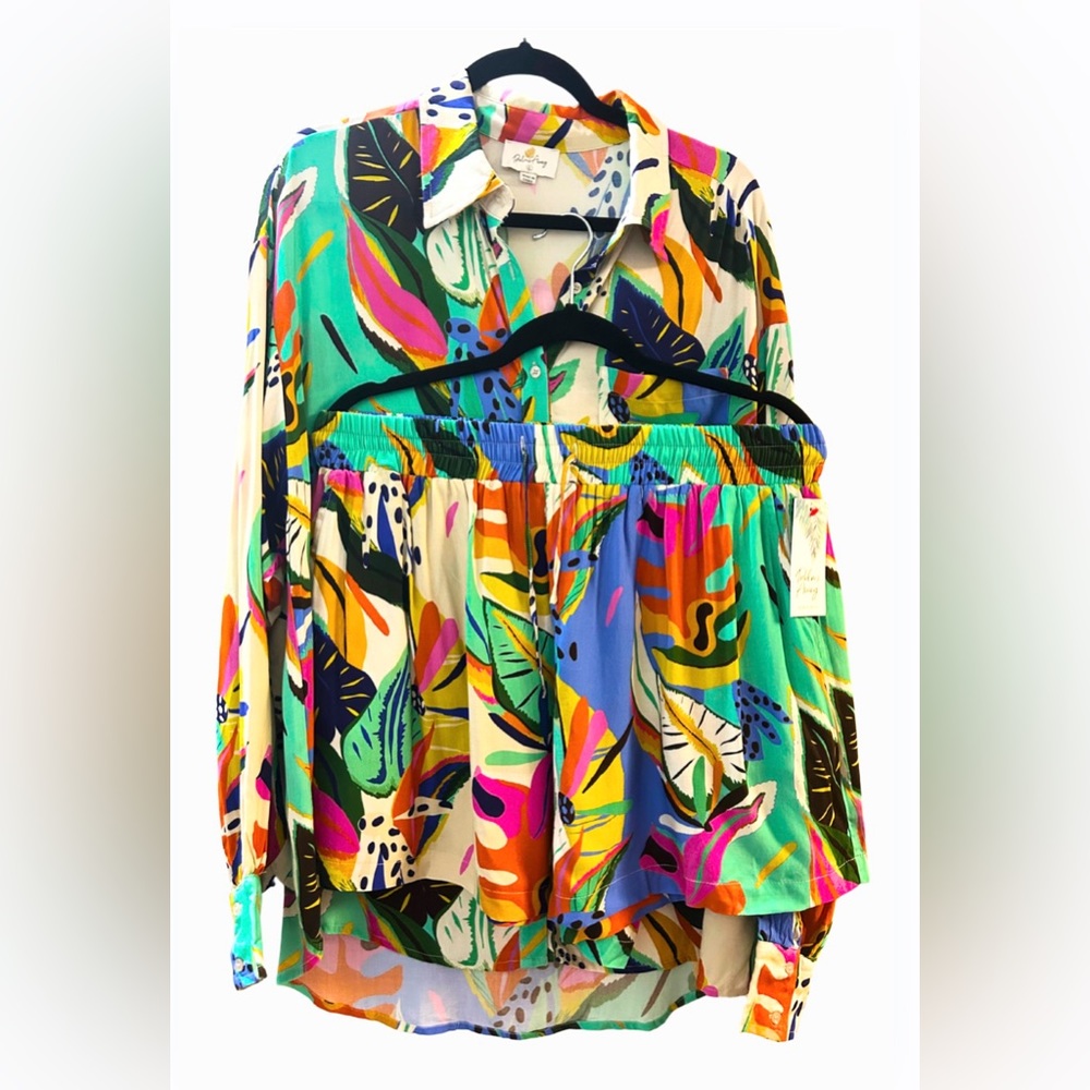Palms Away by Red Dress Green and Pink Oversized Shirt & Shorts Set